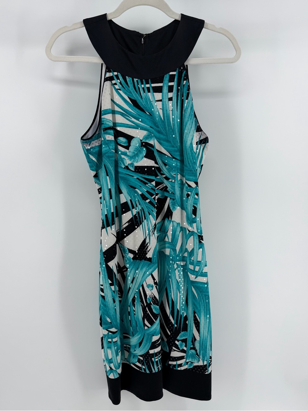 Cache Teal Black White Tropical Print Clear Sequin Sleeveless Dress, Women's 8